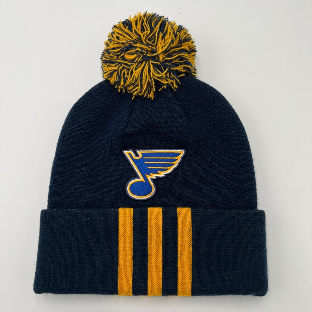 St. Louis Blues Beanie Hat Pom Knit Adidas NHL Blue Gold 3 Stripe Cap